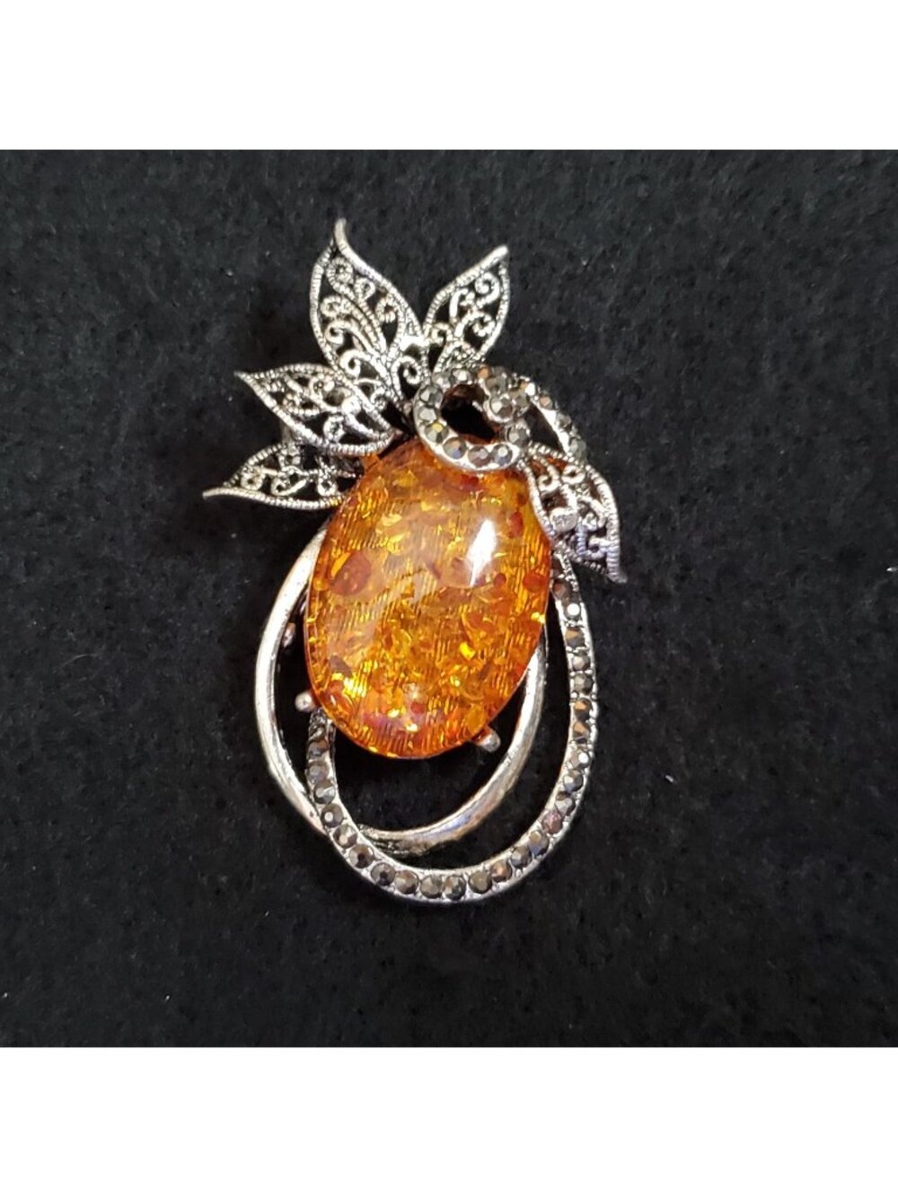 Faux Amber Brooch Silver Tone 2.25"